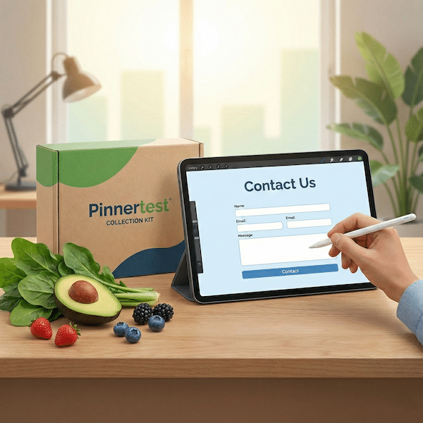 Pinnertest collection kit and contact form on a tablet