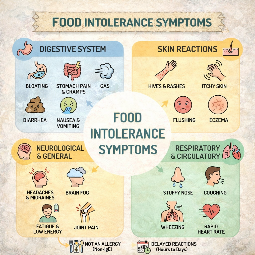 Food intolerance symptoms: digestive, skin, neurological and respiratory